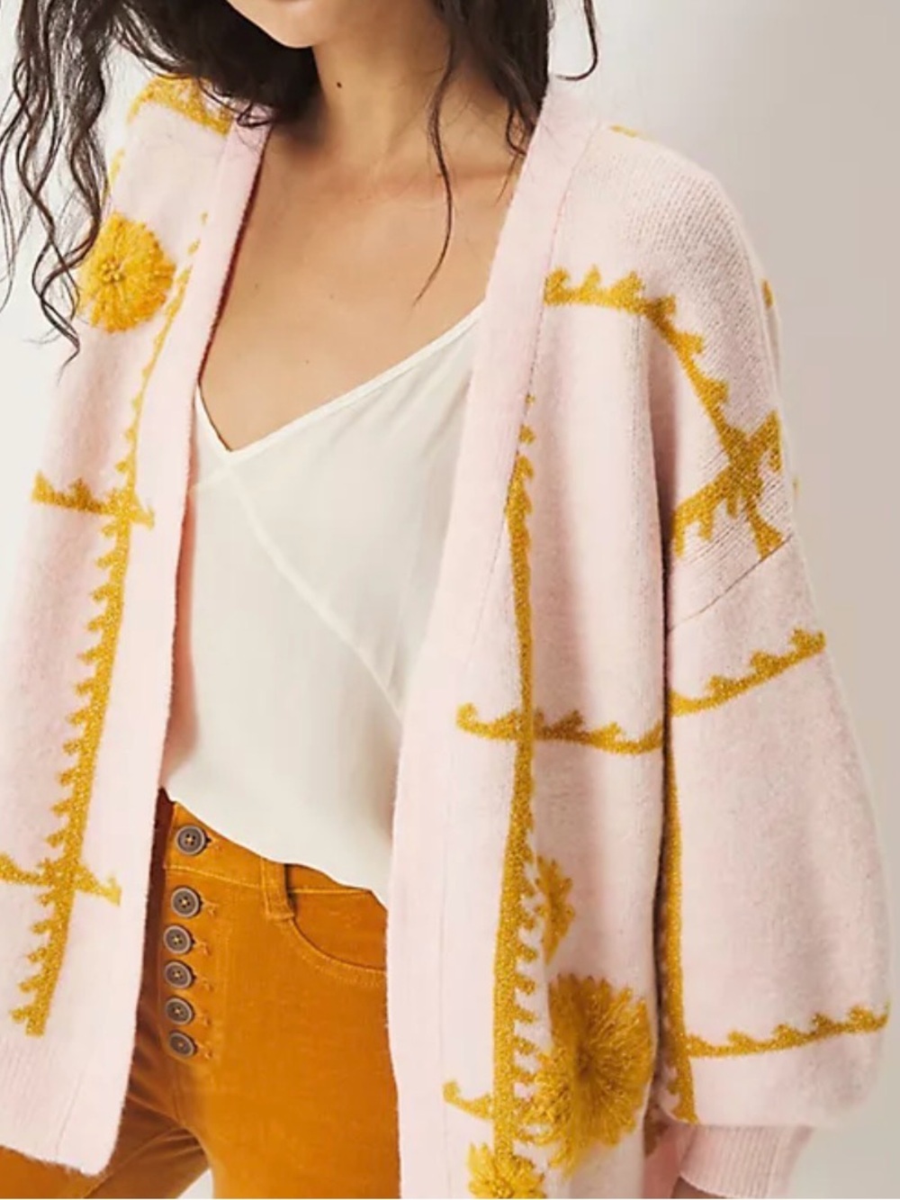 Anthropologie Catherine Floral Shine Cardigan Pink with Gold One Size